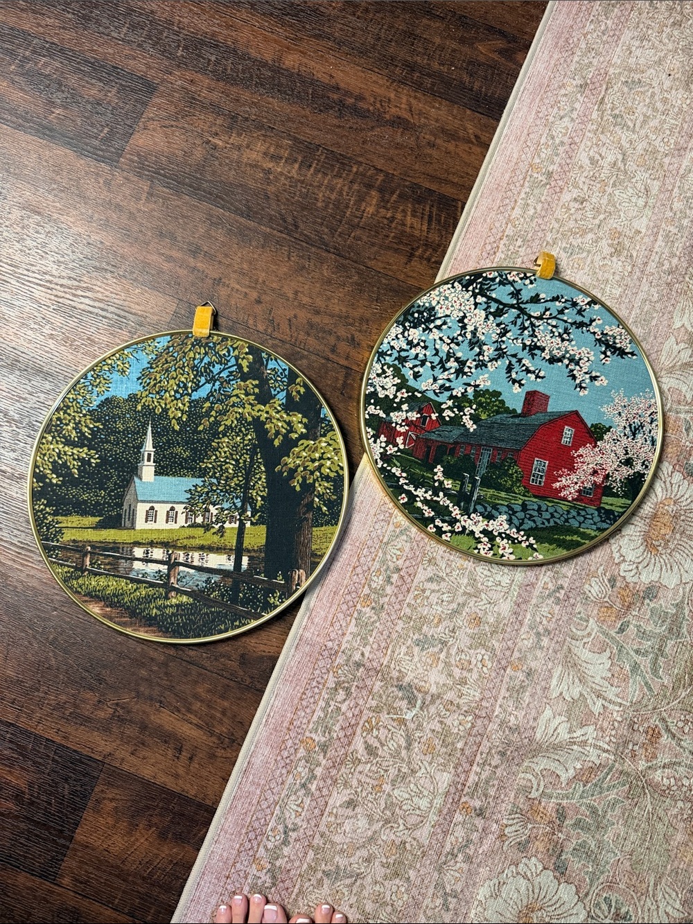 Set of 2 Vintage Round Wall Plaques - Red House & White Church Scenic Art